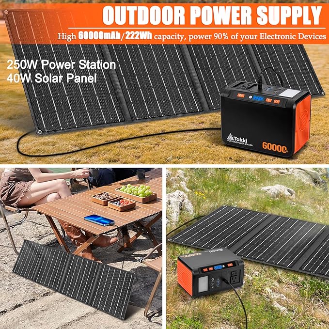 Takki Solar Generator 250W Portable Power Station with 40W Solar Panels 222Wh Pure Sine Wave Camping Lithium Battery Power Bank with AC 110V Outlet for Camping Home Use Emergency Outdoor