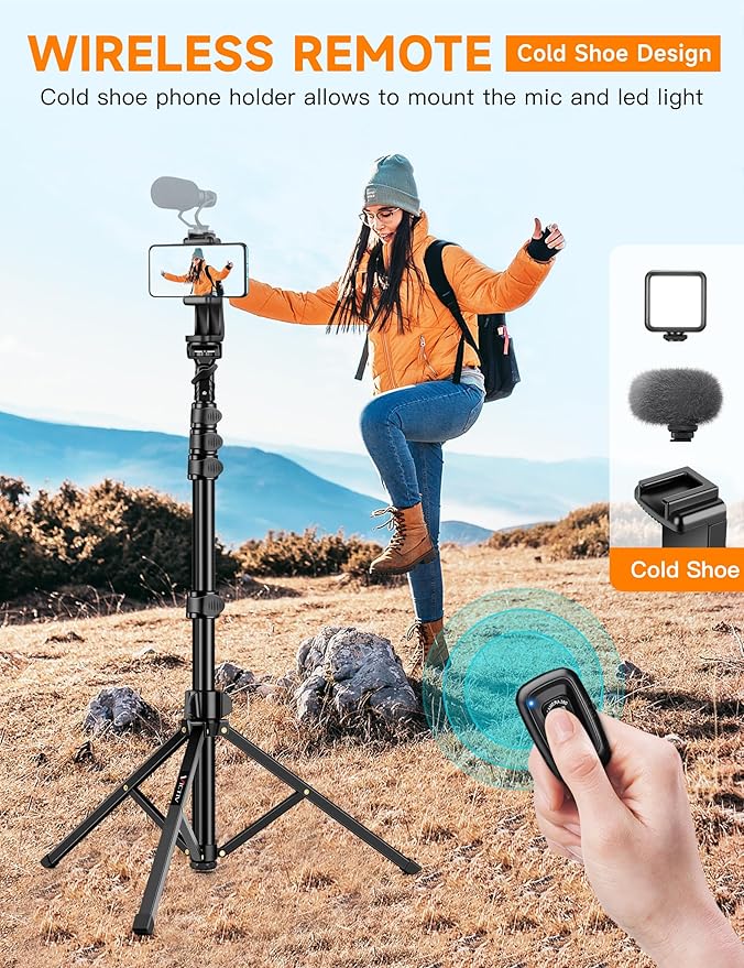 Phone Tripod, 71" Portable Cellphone Tripod Stand with Remote & Phone Holder, Camera Stand for iPhone, Compatible with Camera iPhone/Android Smartphone/Gopro