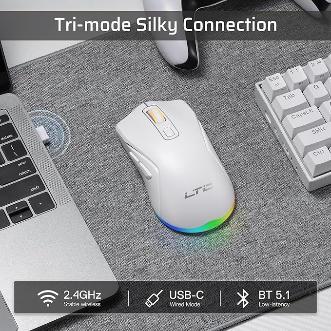 LTC GM025 Tri-Mode Wireless Gaming Mouse,12000 DPI PAW3311 Sensor, Ergonomic Mouse 2.4Ghz/BT/Wired, 6 Programmable Buttons, Customizable RGB Lighting, Pro Software