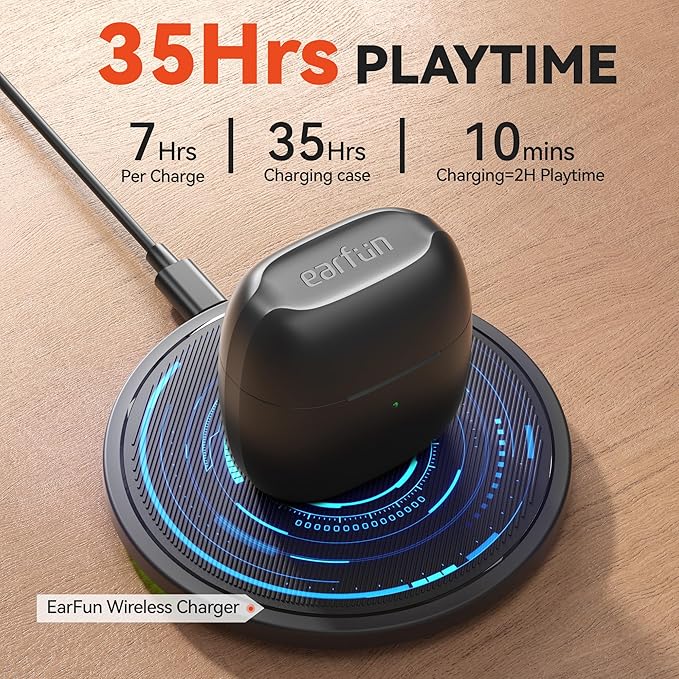 EarFun® Air True Wireless Earbuds, Bluetooth Earbuds with 4 Mics, Sweatshield™ IPX7 Waterproof with Volume Control, USB-C Fast Charge, in-Ear Headphones with Wireless Charging, Deep Bass, 35H Playtime