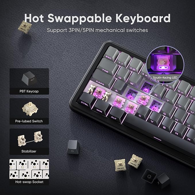 RedThunder K65 Wireless Mechanical Gaming Keyboard, Trip-Modes Connection, Gasket Custom Hot-Swap Keyboard, RGB Backlit, Pre-lubed Linear Switches, Side Printed PBT Keycaps, Gradient Gray