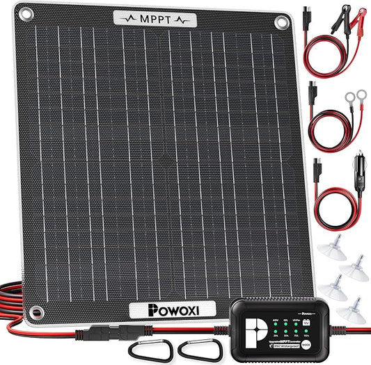 POWOXI 30W Solar Battery Charger: 12V Solar Car Battery Trickle Maintainer - with MPPT Controller Parameter Adjustable - for RV Boat Marine Motorcycle Trailer Truck Tractor - Solar Panel Kit