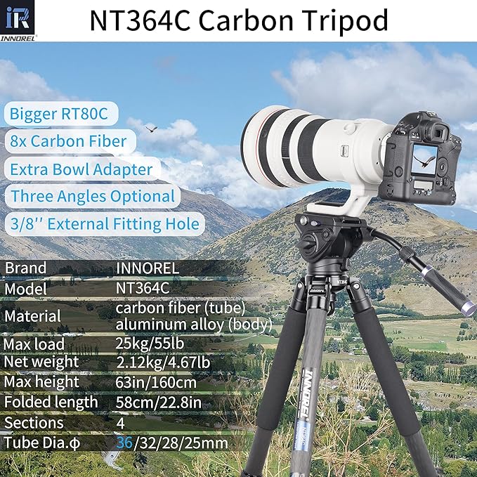 INNOREL NT364C Professional Carbon Fiber Tripod - Heavy Duty Camera Stand, 55lb/25kg Max Load, 75mm Bowl Adapter (Max Tube 36mm)