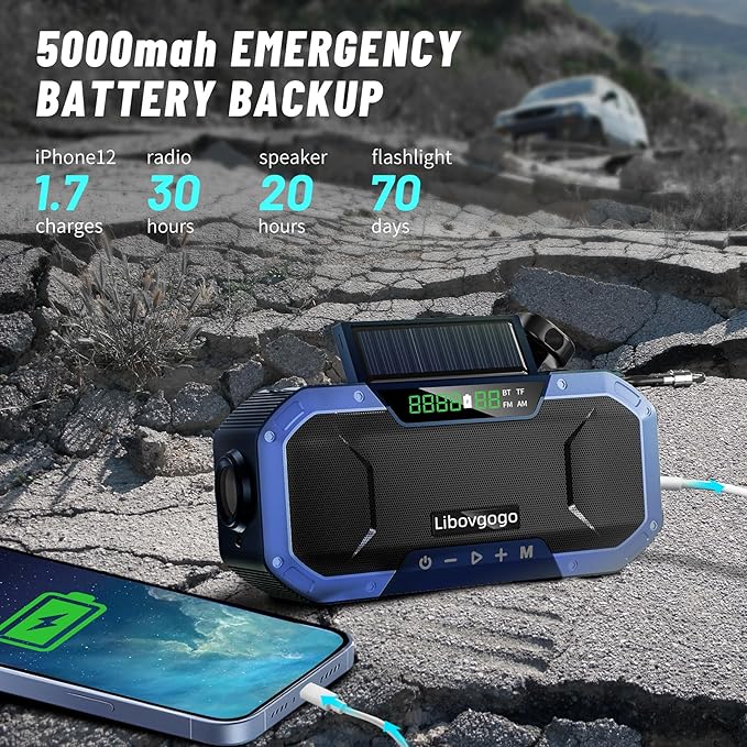 Bluetooth Hand Crank Emergency Solar Powered Radio,Waterproof Portable NOAA Weather AM FM Radio Speaker,Wind Up Flashlight Phone Charger,5000mAH Battery Operated for Storm,Outage,Hurricane,Survival