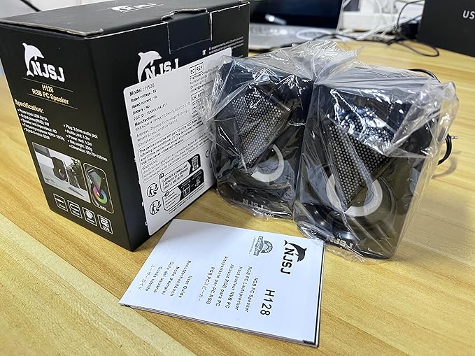 NJSJ Computer Speakers with Colorful RGB Lights, USB Powered 3.5mm Aux- in Mini PC Speakers, Crystal Sound Portable Speaker for Desktop Laptop Monitor Black