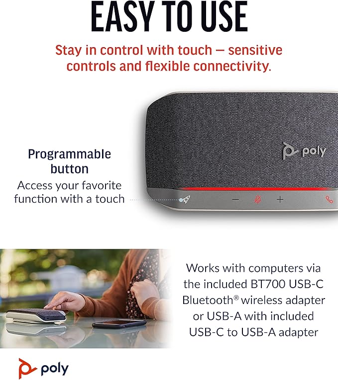 Poly Sync 20+ Personal Portable Bluetooth Speakerphone (Plantronics) - Noise/Echo Reduction - USB-C Bluetooth Adapter - Works w/Teams, Zoom, PC, Mac, Mobile – Amazon Exclusive