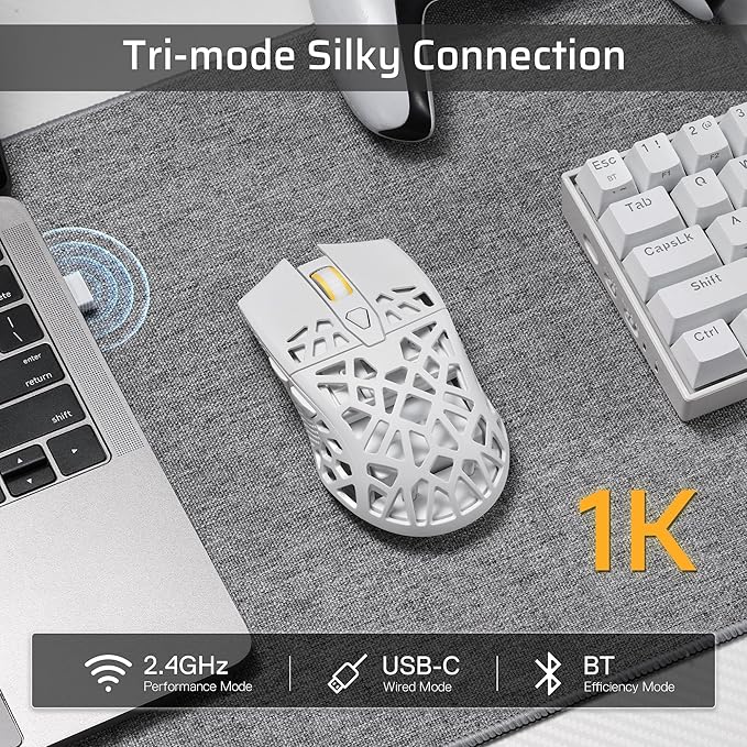LTC GM023 Tri-Mode Wireless Gaming Mouse, 79g Ultra-Light Honeycomb Ergonomic Gaming Mouse, 2.4Ghz/BT/Wired, 6-Level DPI 4800, 6 Programmable Buttons, Pro Software