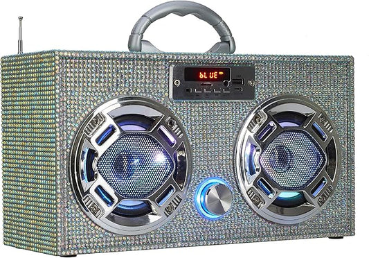 Mini Boombox with LED Speakers – Retro Bluetooth Speaker w/Enhanced FM Radio - Perfect for Home and Outdoor (Iridescent Bling)
