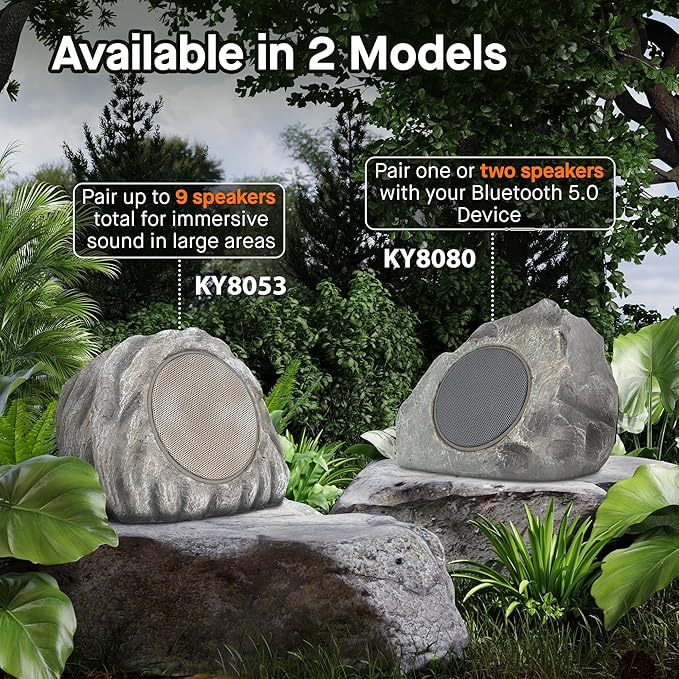 Homewell Outdoor Rock Speaker Solar-Powered Wireless Bluetooth 5.0 Portable Speaker Weatherproof for Patio, Pool, Deck, Yard, Garden and Home (Dark Grey, 2-Pack)