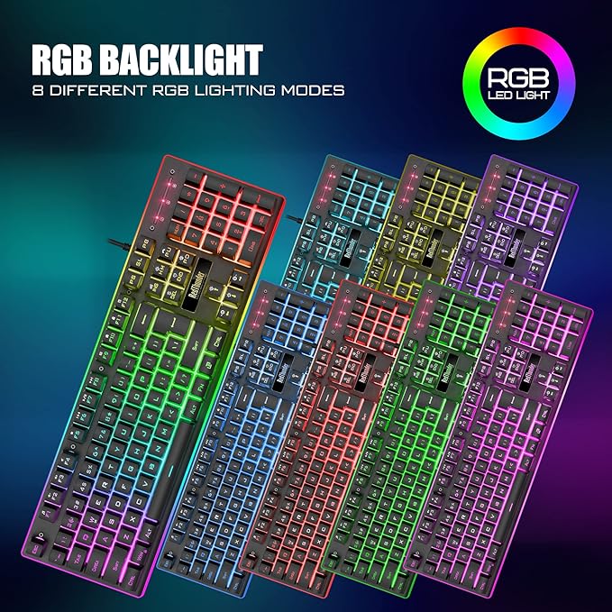 RedThunder K10 Wired Gaming Keyboard and Mouse and Wrist Rest Combo, RGB Backlit, Mechanical Feel Anti-ghosting Keyboard + 7D 7200 DPI Mice+Soft Leather Wrist Rest 3 in 1 PC Gamer Accessories(Black)