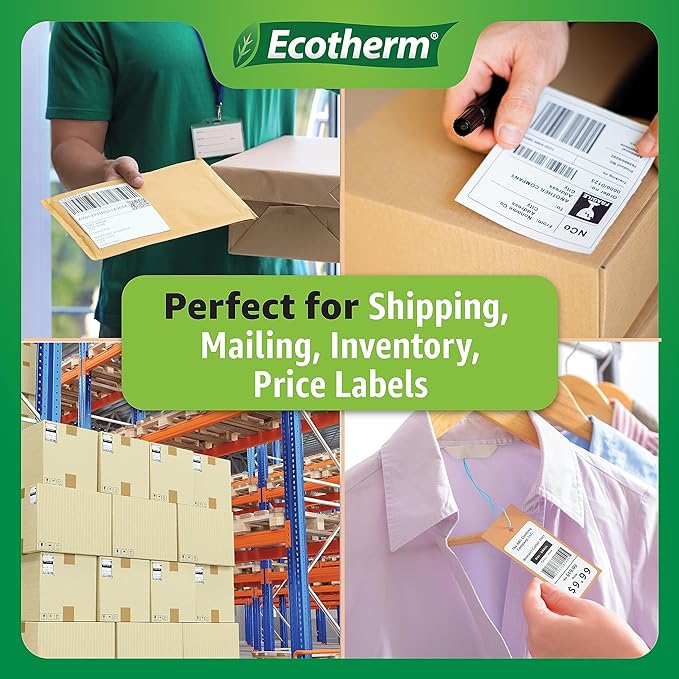 4" x 2" Thermal Labels | 6 Rolls | 7500 Labels | fits Zebra, Munbyn, Rollo, Godex, Arkscan, iDPRT, Offnova Thermal Label Printers and More | Blank White Adhesive Stickers by Ecotherm