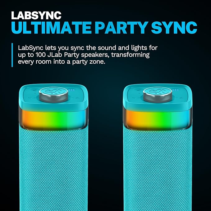 JLab JBuds Party Portable Bluetooth Speaker, 2 Full-Range Drivers + 2 Passive Woofers, IP56 Waterproof, 12 Hours Playtime, Connect Multiple Speakers, Custom Sound + RGB Lighting via App, Cyan