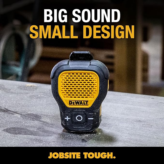 DEWALT Wearable Bluetooth Speaker (Updated Version), Clip-On Wireless Jobsite Pro Water-Resistant Portable Speaker (Non-Magnetic), Built-in Mic for Hands-Free Music/Calls, Bluetooth Speaker (Yellow)