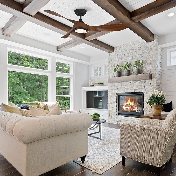 WAC Smart Fans Swirl Indoor and Outdoor 3-Blade Ceiling Fan 54in Matte Black with 3000K LED Light Kit and Remote Control works with Alexa and iOS or Android App