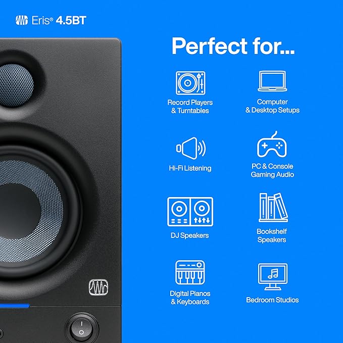 PreSonus Eris 4.5BT Bluetooth Studio Monitors, Pair — 4.5" Inch Powered Bookshelf Speakers, Stereo, Desktop Computer, Near Field Music Production, Audio Mixing Recording
