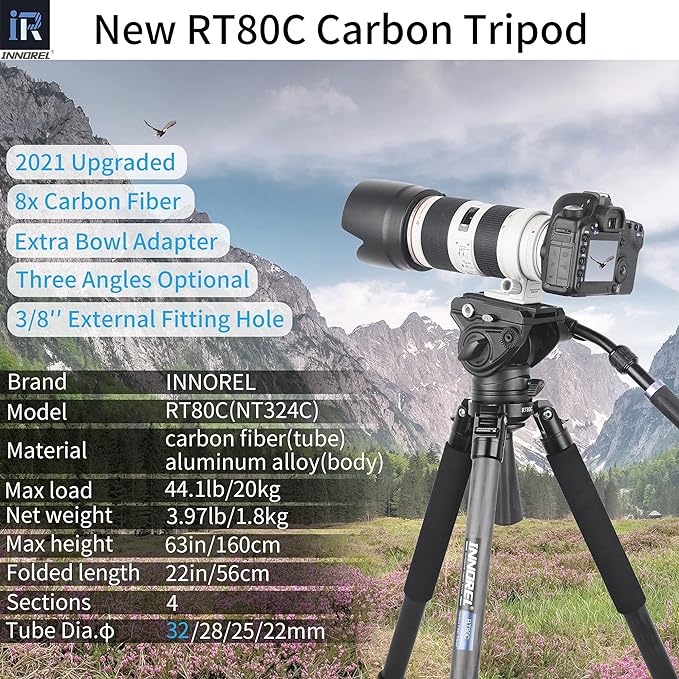 INNOREL RT80C Carbon Fiber Tripod - Professional Birdwatching, Heavy Duty Camera Stand (Max Tube 32mm, Bowl Adapter Included, 20kg Max Load)