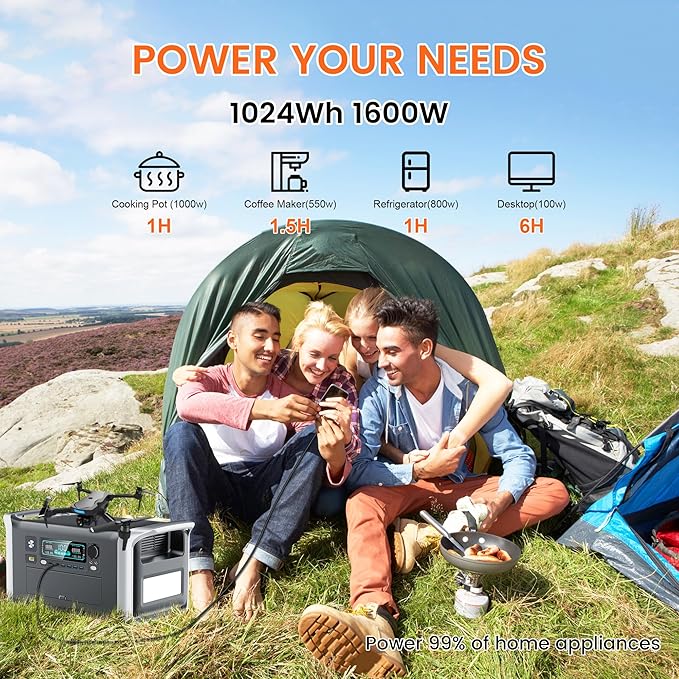 Solar Generator 1600W with 100W Solar Panel - 1024Wh Portable Power Station 1000W AC Output Fast Charging 0-80% in 1Hr for RV Camping Off-grid Living