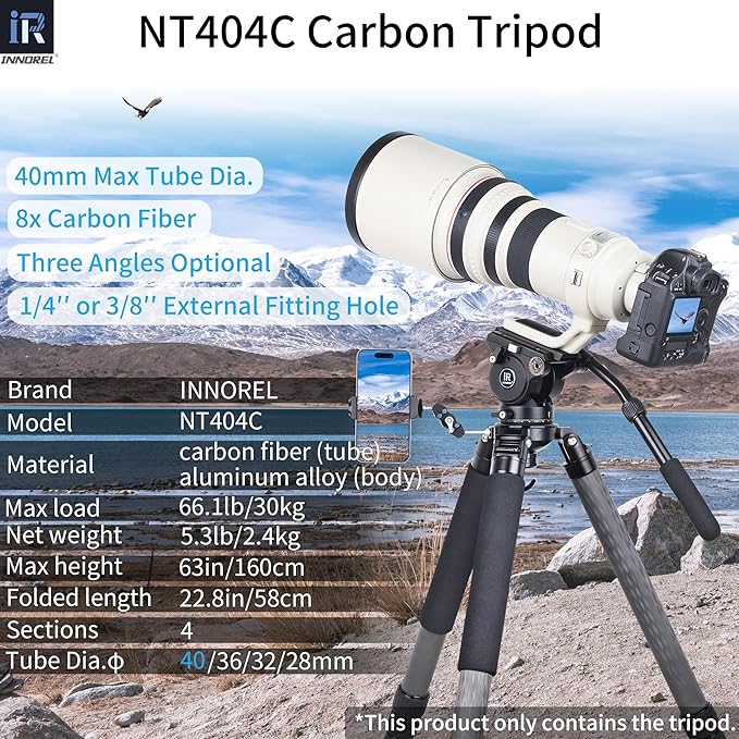 INNOREL NT404C Carbon Fiber Tripod Professional Birdwatching Heavy Duty Camera 66lb/30kg Max Load 40mm Max Tube Diameter Bowl Tripod Birdwatching Camera Stand with a 1/4" or 3/8" External Screw Hole