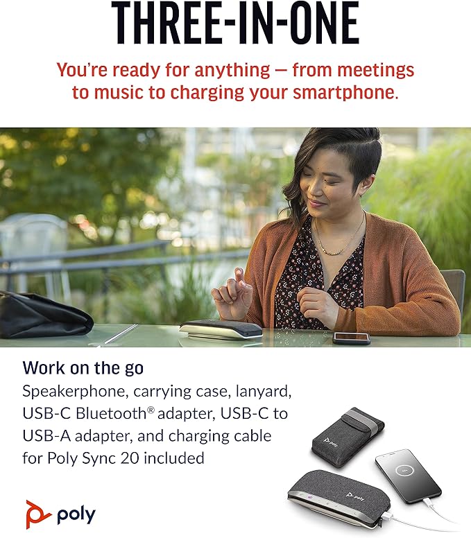 Poly Sync 20+ Personal Portable Bluetooth Speakerphone (Plantronics) – Noise/Echo Reduction – USB-C Bluetooth Adapter - Works w/Teams (Certified), Zoom, PC, Mac, Mobile – Amazon Exclusive