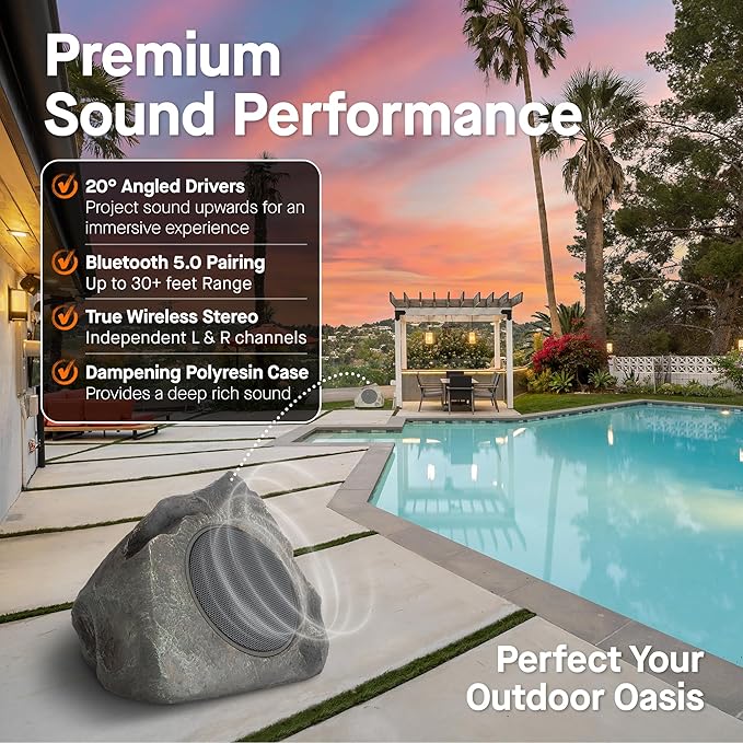 Homewell Outdoor Rock Speaker Solar-Powered Wireless Bluetooth 5.0 Portable Speaker Weatherproof for Patio, Pool, Deck, Yard, Garden and Home (Dark Grey, 2-Pack)