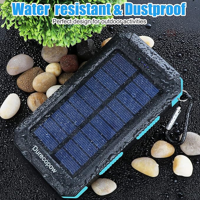 Solar Charger Power Bank, 20000mAh Portable Outdoor Waterproof Solar Battery Charger, Camping External Backup Battery Pack USB C Ports Input/Output, 2 Led Light Flashlight with Compass (Blue)