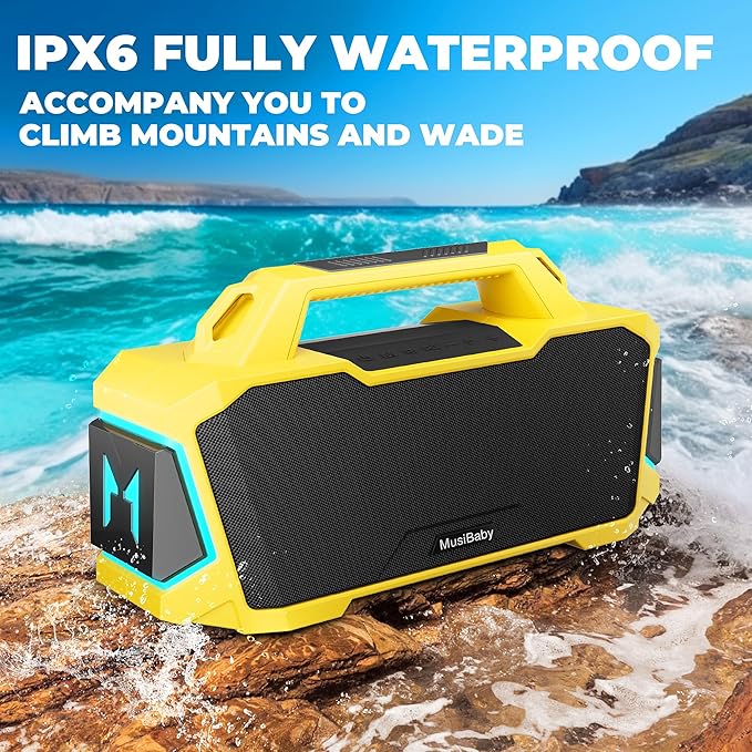 MusiBaby M1 Portable Bluetooth Speaker Yellow, Loud Stereo Sound Subwoofer Deep Bass, IPX6 Waterproof, 24H+ Playtime, Bluetooth 5.3, Dual Pairing Boombox for Outdoor Camping Hiking Party Shower
