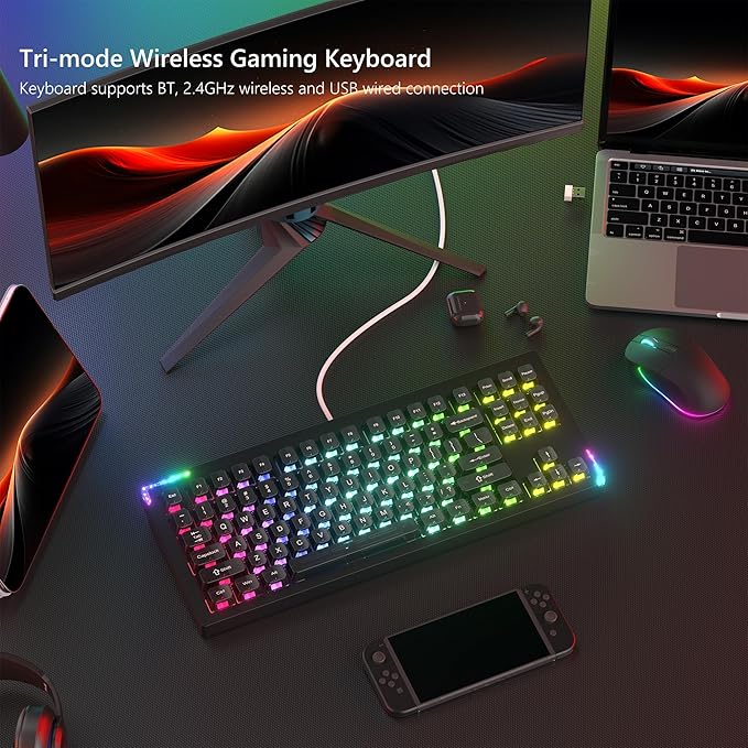 SK87 75% Wireless Gaming Keyboard QMK/VIA, Full Aluminum Transparent keycaps Mechanical Keyboard, Bluetooth 5.0/2.4GHz/USB-C Wired Programmable Keyboard, Hot Swappable, POM Linear Switch (Black)