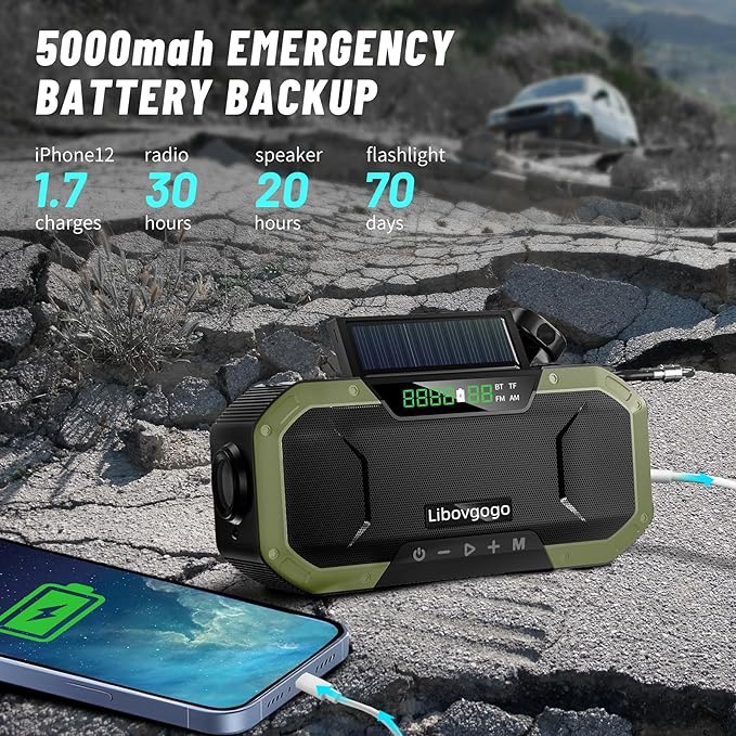 Emergency Radio Waterproof Bluetooth Speaker,Portable Digital AM FM Radio with Flashlight,Reading Lamp,Hand Crank NOAA Weather Radio with Solar Panel,5000mAH Cell Phone Charger,Emergency Survival Kit