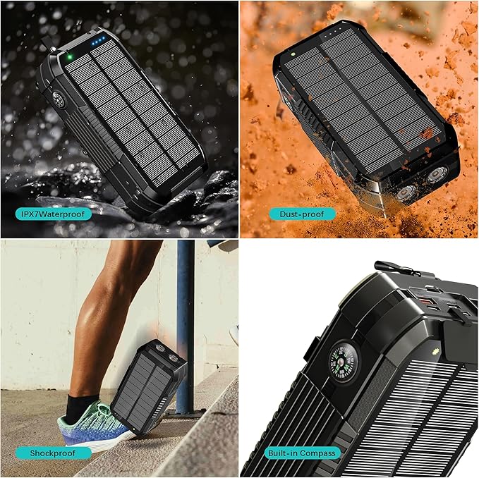 Solar Charger Wireless Power Bank 70000mAh Built in 2 Cables and Hand Crank, Portable Charger 22.5W Fast Charger 6 Outputs & 4 Inputs External Battery Pack with Bright Flashlight and Compass