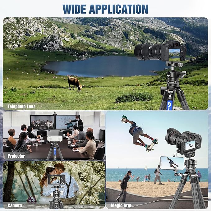 LEOFOTO Carbon Fiber Tripod with Leveling Base for Camera, 360° Rotating Ball Head, 1/4" QR Plate for Sport Camera/Phone/Projector, Compact Tripod with Panoramic Base, A Bubble Level, Max Load 22LB