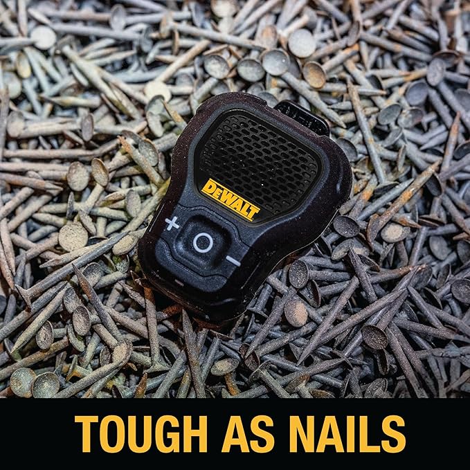 DEWALT Wearable Bluetooth Speaker [Onyx Edition - Black] Clip-On Wireless Jobsite Pro Water-Resistant Portable Speaker (Non- Magnetic), Mic for Hands-Free Music/Calls, Mini Speakers Bluetooth Wireless
