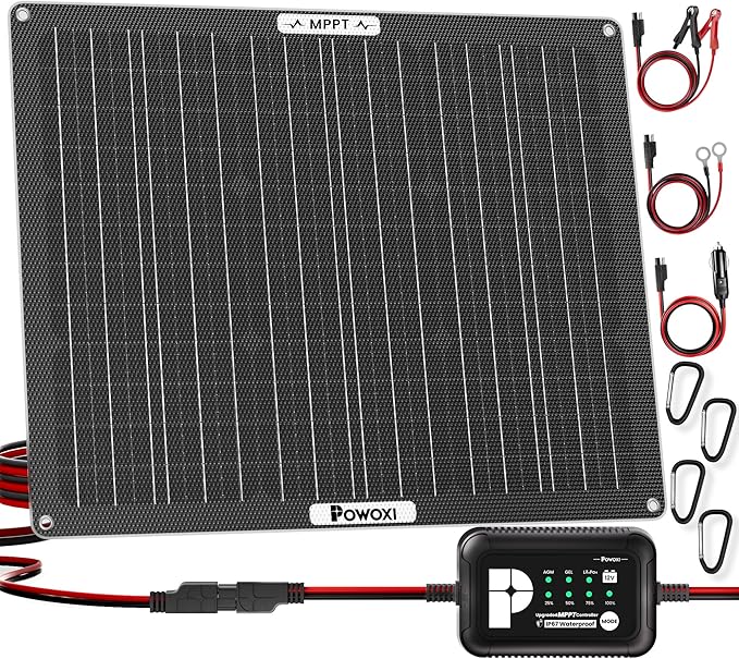 POWOXI 50W Solar Battery Charger: 12V Solar Car Battery Trickle Maintainer - with MPPT Controller Parameter Adjustable - for RV Boat Marine Motorcycle Trailer Truck Tractor - Solar Panel Kit
