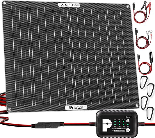 POWOXI 50W Solar Battery Charger: 12V Solar Car Battery Trickle Maintainer - with MPPT Controller Parameter Adjustable - for RV Boat Marine Motorcycle Trailer Truck Tractor - Solar Panel Kit