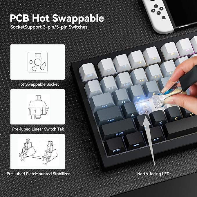 Wireless Mechanical Keyboard with Knob,Tri-Mode BT5.0/2.4GHz/USB-C Hot Swappable Mechanical Keyboard,Pre-lubed Linear Switches,8000mAH Battery RGB Backlit Computer Gaming Keyboards