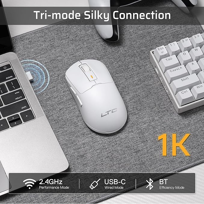 LTC GM024 Tri-Mode Wireless Gaming Mouse, 59g Ultra-Light Ergonomic Gaming Mouse 2.4Ghz/BT/Wired, 6-Level DPI 4800 Max, 1000Hz, 5 Programmable Buttons, Pro Software