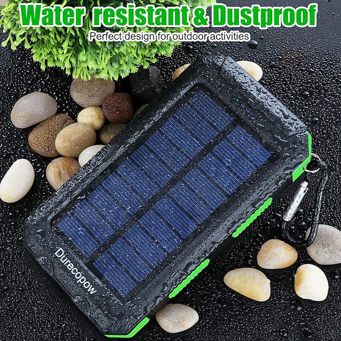 Solar Charger Power Bank, 20000mAh Portable Outdoor Waterproof Solar Battery Charger, Camping External Backup Battery Pack USB C Ports Input/Output, 2 Led Light Flashlight with Compass (Green)