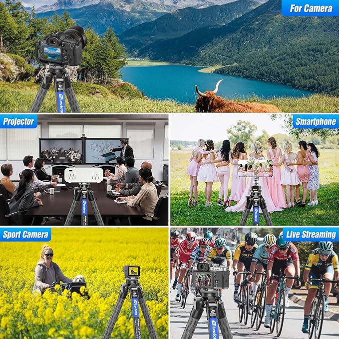 Compact Carbon Fiber Tripod with Leveling Base for Camera, 360° Rotating Portable Tripod with 3/8" Screw for Sport Camera/Phone Holder/Projector, A Bubble Level, Folded Length 21.06", Max Load 22LB