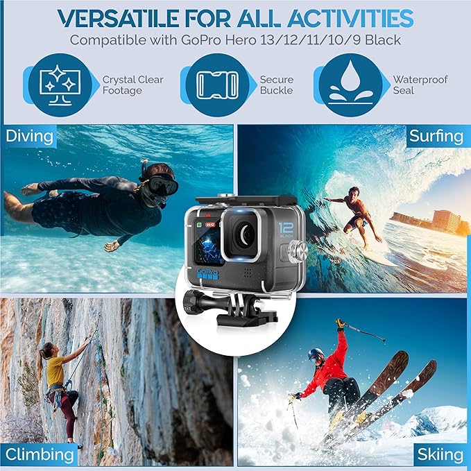 Waterproof Case for GoPro Hero 13 Black Hero 12 Black Hero 11 Black Hero 10 Black Hero 9 Black Protective Underwater Diving Housing Accessories, Dive Kit for Go Pro Hero13, 12, 11, 10,9 Action Camera