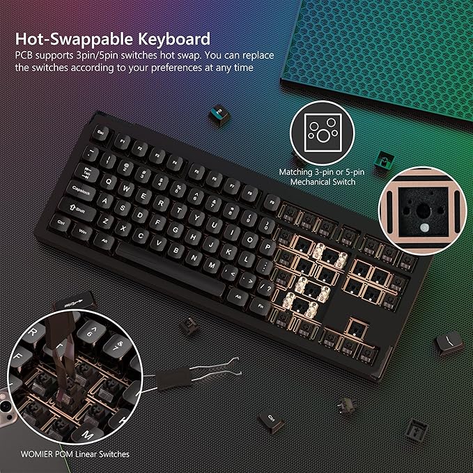 SK87 75% Wireless Gaming Keyboard QMK/VIA, Full Aluminum Transparent keycaps Mechanical Keyboard, Bluetooth 5.0/2.4GHz/USB-C Wired Programmable Keyboard, Hot Swappable, POM Linear Switch (Black)