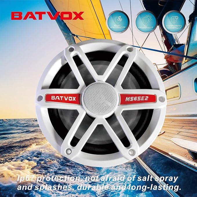 MS65E2 6.5 Inch Marine Speakers with 7-Color LED Lights，2 Way IP67 Waterproof and Weather Resistant Outdoor Stereo Sound System with 300 Watt Max, White (2 Speakers)