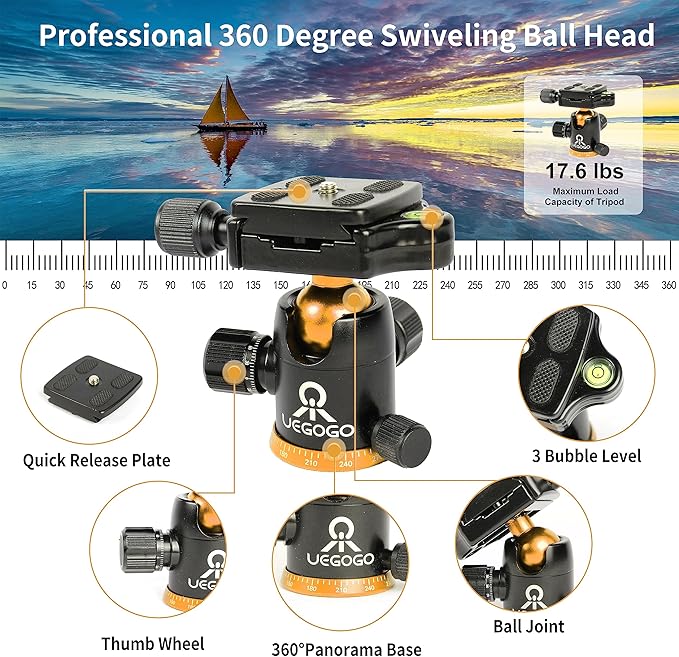 Tripod for Camera, 77" Camera Tripod Stand, 360 ° Ball Head Professional Aluminum DSLR Tripod & Monopod, Heavy Duty Travel Tripod Compatible with Canon Nikon Binoculars Laser Telescope(Gold)