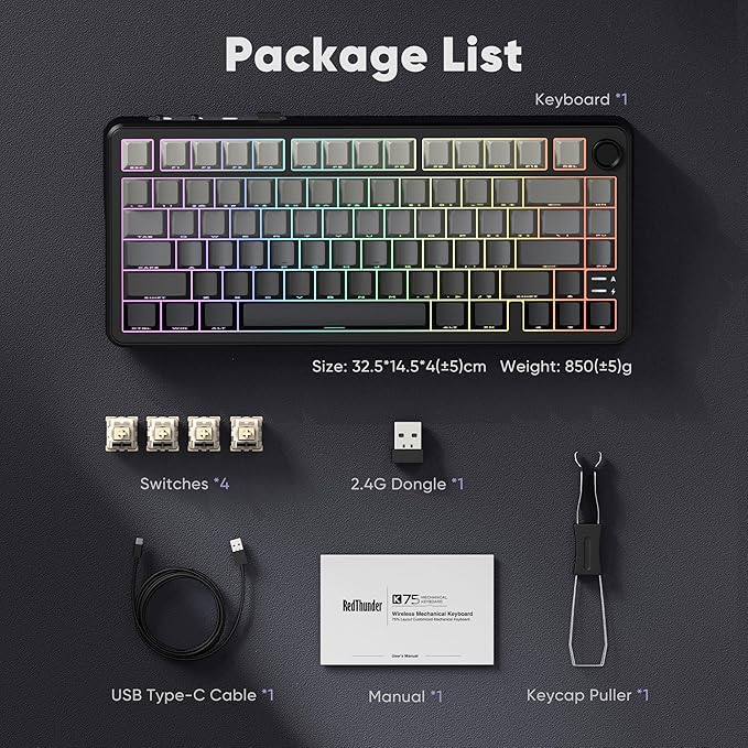 RedThunder K75 Wireless Mechanical Gaming Keyboard, 75% Hot Swappable Creamy Keyboard with Knob, RGB Backlit, Pre-lubed Linear Switches, Side Printed PBT Keycaps, Wireless/Wired/BT5.0 Connection Mode