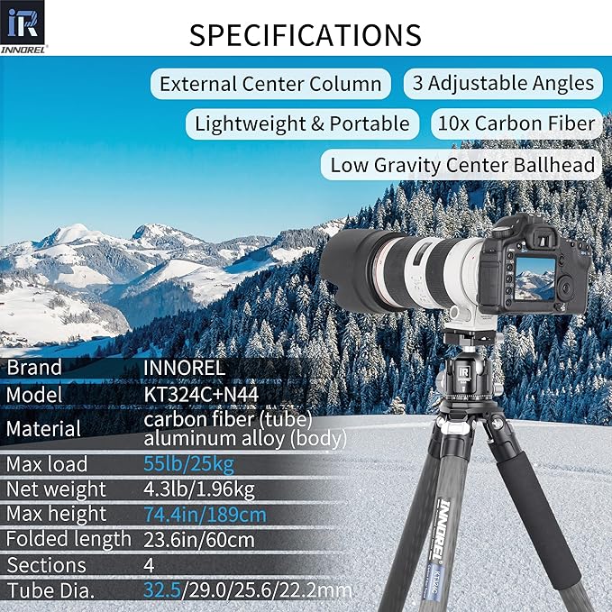 Carbon Fiber Tripod INNOREL KT324C Professional Portable Compact Travel Tripod for DSLR Camera Heavy Duty Stand Support 1.28in/32.5mm Tube with Low Gravity Center Panoramic Ball Head Center Column