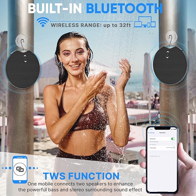 Pyle Portable Bluetooth Speaker with Loud Crystal Clear Sound - Mini IPX7 Waterproof, Super Bass Speakers Bluetooth Wireless for Shower, Beach, Pool, Small Portable Speaker for Outdoor, Gift Ideas