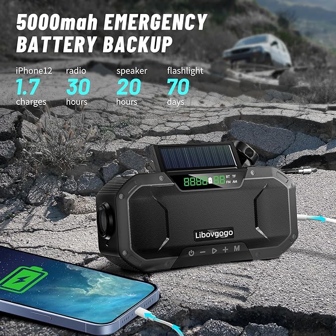 Emergency Radio Waterproof Bluetooth Speaker,Portable Digital AM FM Radio with Flashlight,Reading Lamp,Hand Crank NOAA Weather Radio with Solar Panel,5000mAH Cell Phone Charger,Emergency Survival Kit