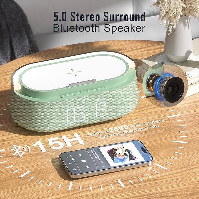 FREEFISH Bluetooth Speaker with Fast Wireless Charger,FM Radio,Touch LED Night Light,Phone Holder,Snooze, Portable Wireless Speaker for Bedrooms Office Home, Gifts