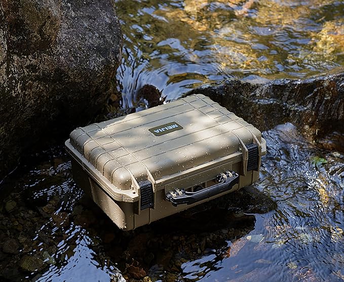 MEIJIA Portable All Weather Waterproof Protective Case,Hard Case,Camera Case With Customized Fit Foam,Fit Use of Drones,Camera,Equipments,Pistols,13.35 x11.63x5.98inches (Desert Tan)