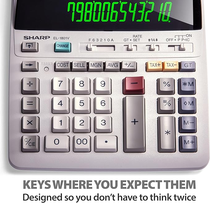 Sharp EL-1801V Ink Printing Calculator, 12-Digit LCD, AC Powered, Off-White, Ideal for Business & Office Use, Easy-to-Read Display & Durable Design