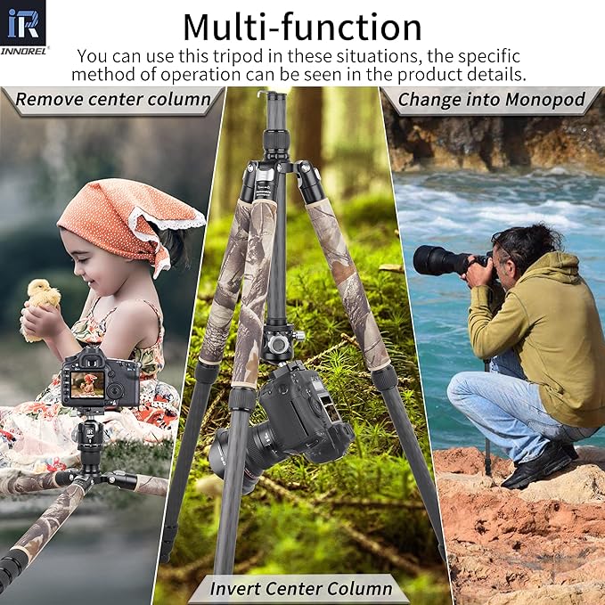 Carbon Fiber Tripod-INNOREL RT85CM Without Ballhead Super Professional Tripod Monopod Heavy Duty Stand Support for Digital DSLR Camera Brown Camouflage