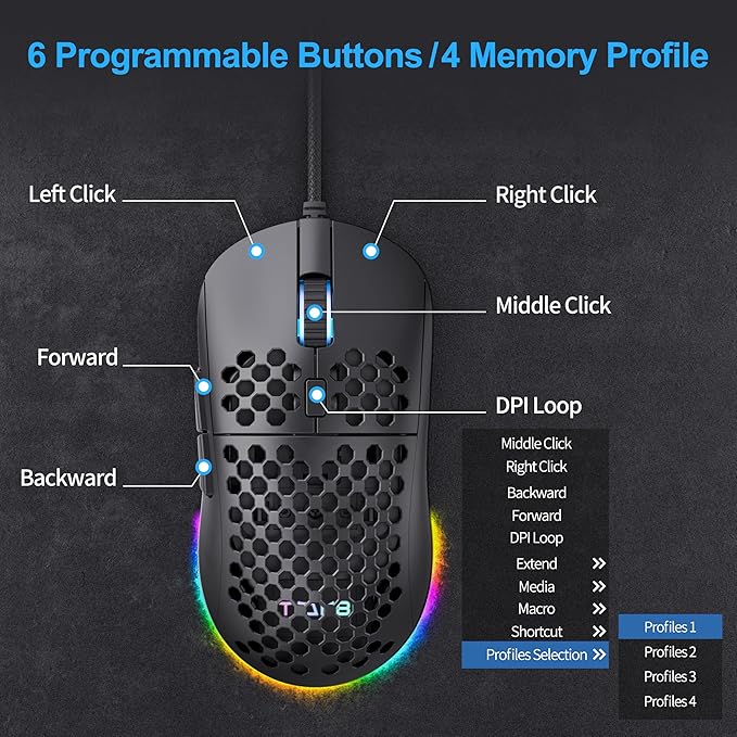 TMKB Falcon M1SE Ultralight Honeycomb Gaming Mouse, High-Precision 12800DPI Optical Sensor, 6 Programmable Buttons, Customizable RGB, Drag-Free Paracord, Ergonomic Wired Gaming Mouse - Matte Black